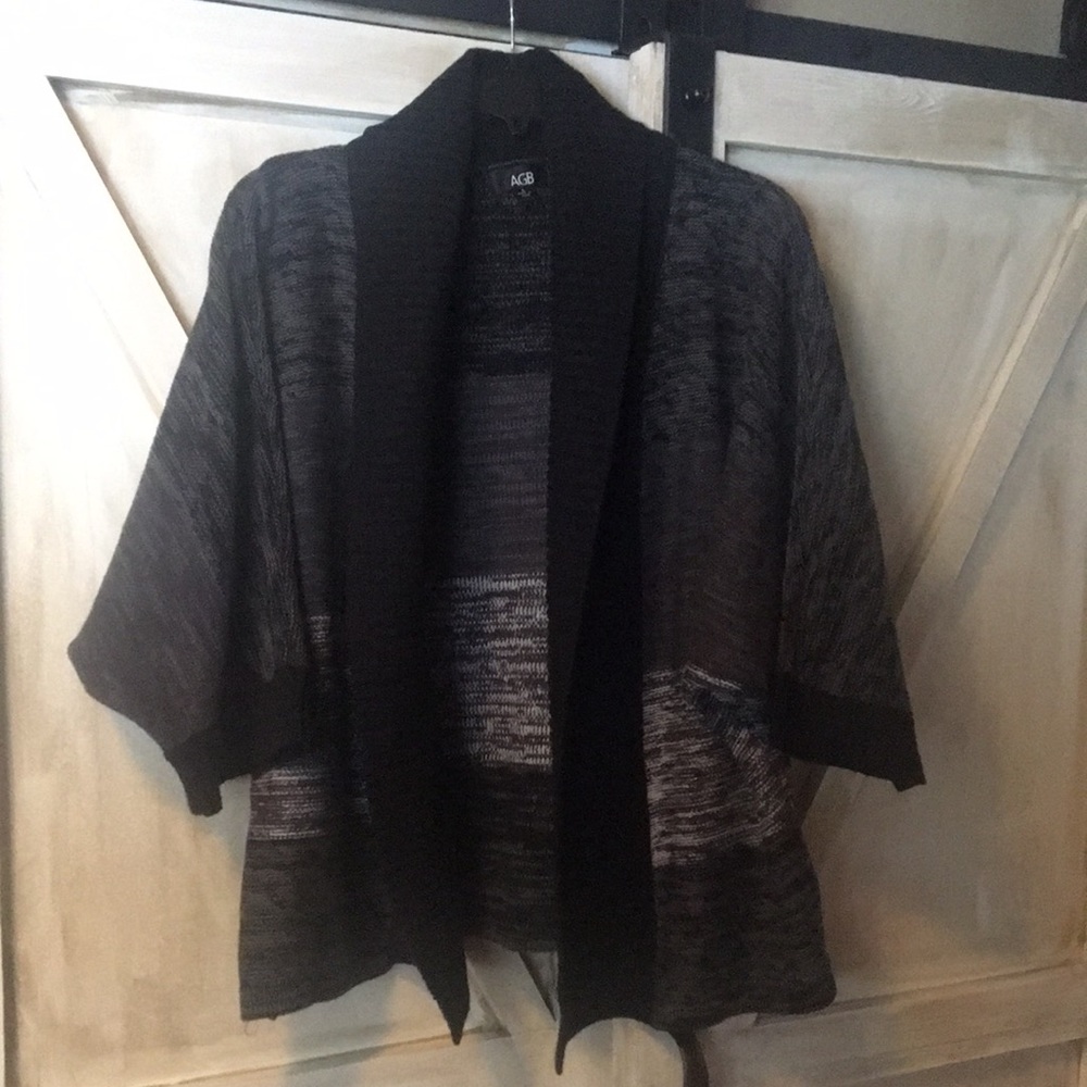 AGB Women’s Striped Open Shawl Collar Cardigan Sweater Black, Grey, White, Large